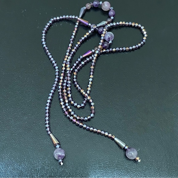 Handmade Amethyst Stone AB Purple Crystal Beads Lariat 40” Necklace - Picture 6 of 16